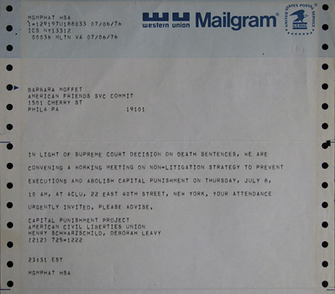 Telegram to civil rights advocates calling for a national meeting following the Supreme Court decision in Gregg v. Georgia